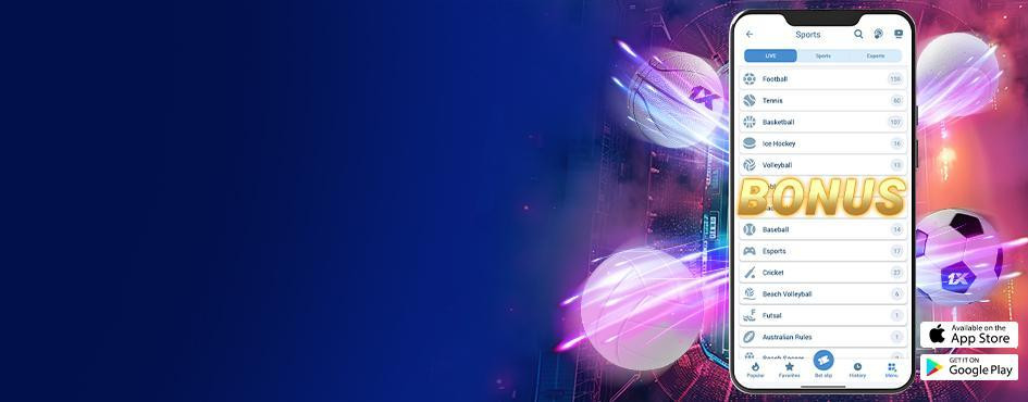 1xbet mobile app bonus promotion interface showing live odds and promotional banners